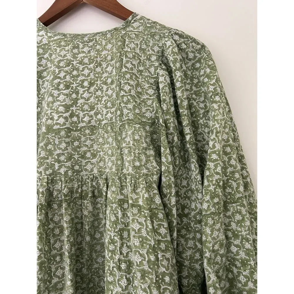 Mille Charlie Peasant Blouse Green Tie Front Cotton Green Block Print India XL - Picture 9 of 10